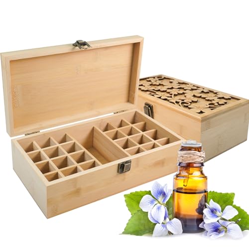 Pure Vie Bamboo Essential Oil Storage Box Travel Organizer Case with Bottle Cap Label - Aromatherapy Nail Polish Fragrance Container, Holds 24 Bottle for 5-30ml - Keep Scented Oil Safe & Space Saver