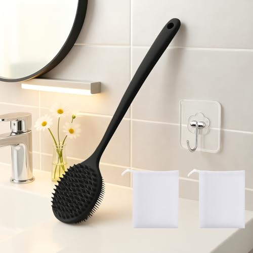 Dual-Sided Silicone Body Scrubber with Long Handle & Lather Balls