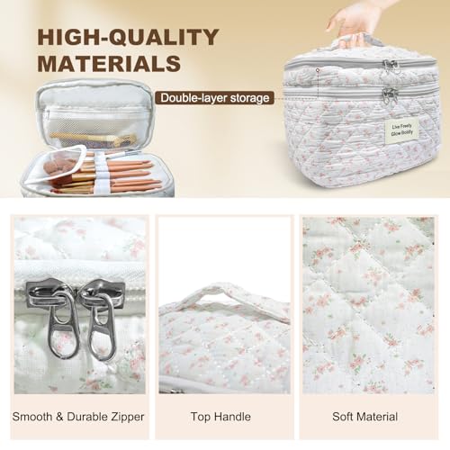 3Pcs Large Travel Quilted Makeup Bag, Double Layer Cute Floral Cotton Toiletry Bag, Aesthetic Flower Cosmetic Bag Coquette Skincare Organizer Bag for Wome (74-PinkFloral)