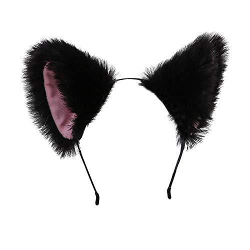 ccHuDE Cute Cat Ears Headband Long Fur Fox Ears Cosplay Headband with Bells Headwear Hairband for Party Costume Halloween Hairhoop Black Pink