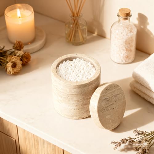 Natural Marble Cotton Swab Holder with Lid, Bathroom Organizer