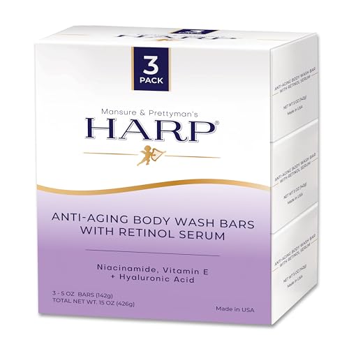 HARP Anti-Aging Body Wash Bar With Retinol + Niacinamide, Vitamin E, Hyaluronic Acid. 100% Syndet Base. Soap/Lye-Free and FRAGRANCE FREE (3-Pack, Anti-Aging Serum)