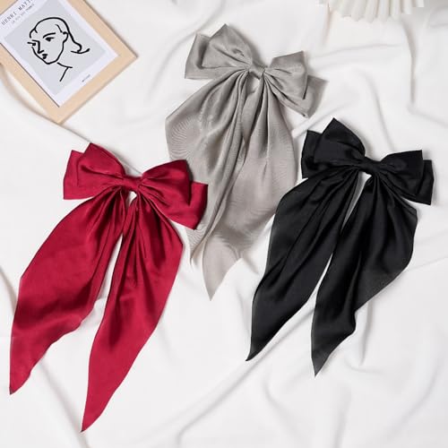 LASPERAL Hair Bow Clips 3PCS Large Ribbon Bow Hair Clips Ribbon Hair Clips Bowknot With Long Tail Tassel Bowknot Hair Clips Hair Barrettes with Bow Accessories Cute Aesthetic Hair Accessories