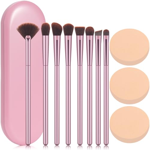 12-Piece Makeup Brush Set with Pink Storage Case and Powder Puffs
