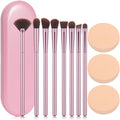 12-Piece Makeup Brush Set with Pink Storage Case and Powder Puffs