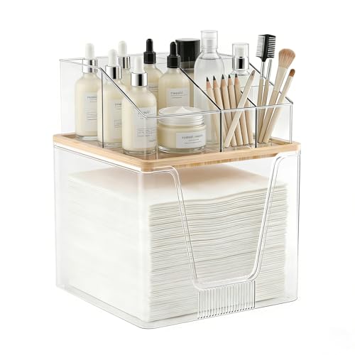Disposable Facial Towel Holder & Cosmetic Organizer with Bamboo Lid