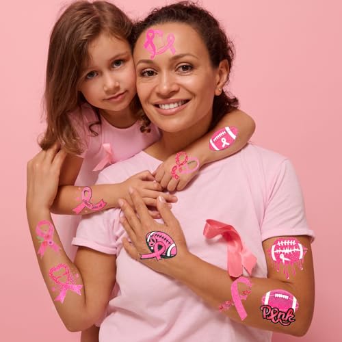 HOWAF 72pcs Breast Cancer Awareness Temporary Tattoos, Glitter Pink Out Football Tattoos, Football Pink Ribbon Themed Tattoos Stickers for Breast Cancer Month Charity Event Supplies Favors