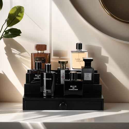 Black Wooden Cologne Organizer for Men - 3 Tier Wooden Perfume Display Stand with Drawer and Hidden Compartment for Organizing and Storing, Cologne Holder Shelf for Dresser
