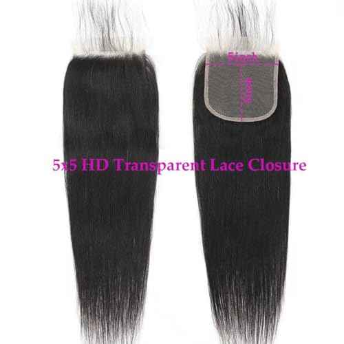 5x5 HD Transparent Closure Straight Human Hair Lace Closure Skinlike Brazilian 5x5 Closure 16inch Virgin Straight Closure 100% Real Human Hair Free Part Closure Pre Plucked Natural Black Glueless