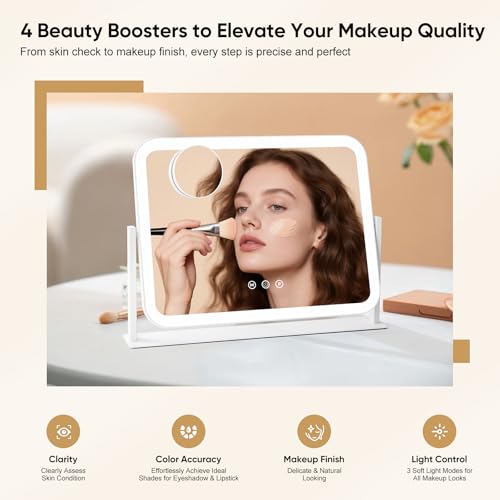 Vanity Mirror with LED Lights, 17.4x13.5 Inch Professional Makeup Mirror, 3 Color Modes & Adjustable Brightness, 5X Magnifying Mirror, Smart Touch Control, 360¡Æ Rotation
