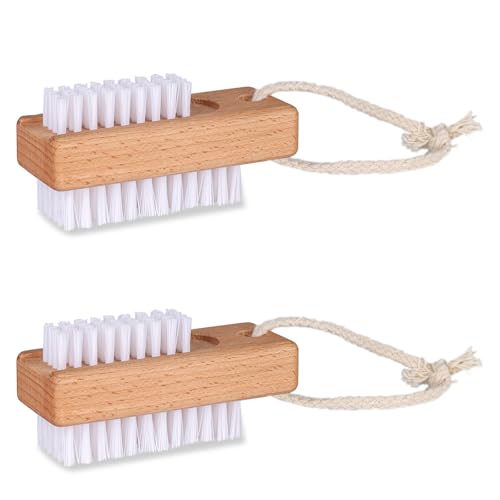2 Pack Wooden Nail Brush with Hanging Rope - Dual-Sided Scrubber for Fingernails & Toes
