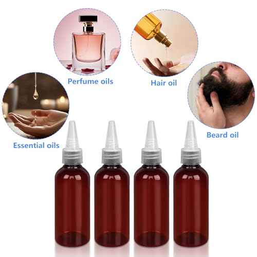 4 Pack 1 Oz (30ml) Amber Plastic Essential Oil Bottles with Funnel, Labels for Liquid Storage - No Droppers Needed