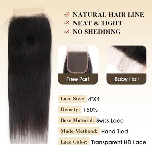 Brazilian Virgin Hair Bundles Straight 12 14 16" + 4x4 Closure