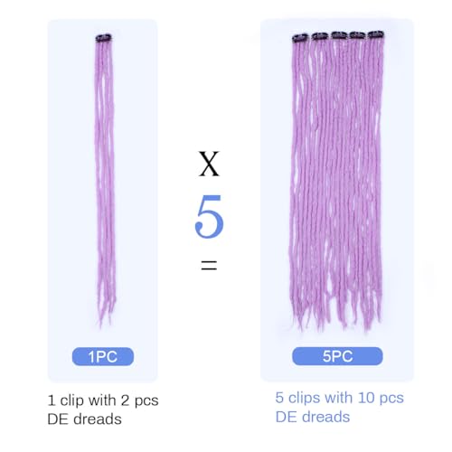 Pouweney 22 inch 5 Packs Clip in Wool Dreadlock Extensions, 20 Strands Lavender Purple Viking Clip on Dreads Extensions for Woman, Handmade Soft Wool Dreadlocks…