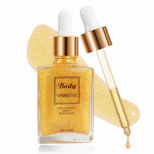 Hydrating Shimmer Body Oil, Golden Yellow Liquid Luminizer Body Glitter Long Lasting, Body Highlighter Shimmer Makeup, Face Body Glow Shimmer for Women, Non-Sticky Shine Glitter Liquid