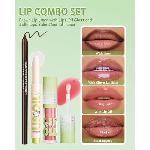 Brown Lip Liner Waterproof Lip Kit with Lips Oil Gloss Plumper Jelly Lips Balm Clear Shimmer Combo,Moisturizing Lipstick Tinted Lipoil Lightweight Non Sticky Liquid Lipstick Women Makeup Gift-Set 02