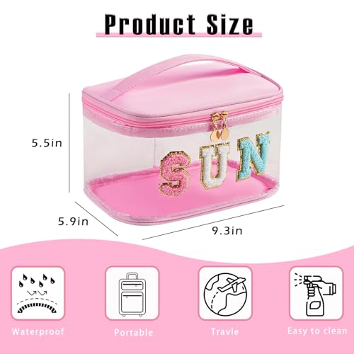 Clear Waterproof Makeup Bag with Letter Patches - Sunscreen Travel Pouch