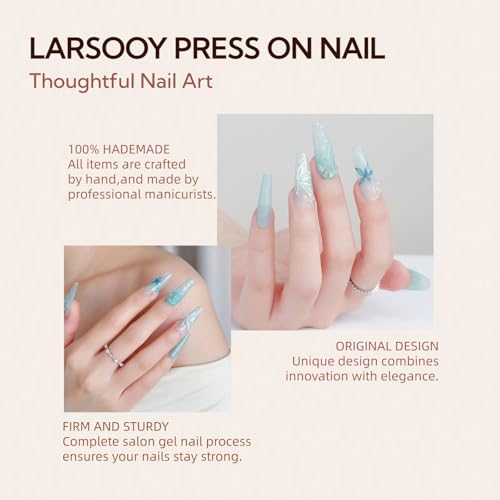 LARSOOY Nails Handmade Press on Nails Long Coffin | Handmade Nails with Mint Mambo Crystal Butterfly | Reusable Fake Nails for Cool Summer | False Nails 10 Pcs (Blue Dreamscape, S)