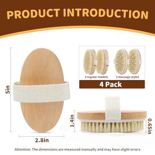 4 Pack Dry Body Brushing Brushes, Natural Bristle Exfoliating Scrub Brushes with Massage Nodes for Lymphatic Drainage, Skin Firming, Acne Treatment, and Cellulite Reduction