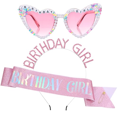Birthday Girl Sash, Crown & Sunglasses Set - Pink Princess Tiara