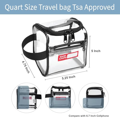 Rough Enough Clear TSA Approved Toiletry Bag Quart Size Travel Makeup Case with Zipper Compartment Small Mini Cosmetic Pouch Carry on for Women