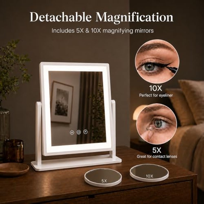 DECADENCE Lighted Makeup Mirror with 10X/5X Magnifiers - Dimmable & 360° Rotation