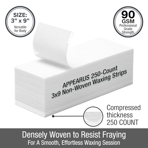 Appearus 250-Count Large 3x9 Non-Woven Waxing Strips - 90 gsm Heavy Duty Hair Removal Strips for Body and Face - Professional Epilating Strips for All Soft Wax - Lint-Free, Tear-Resistant Spa Grade