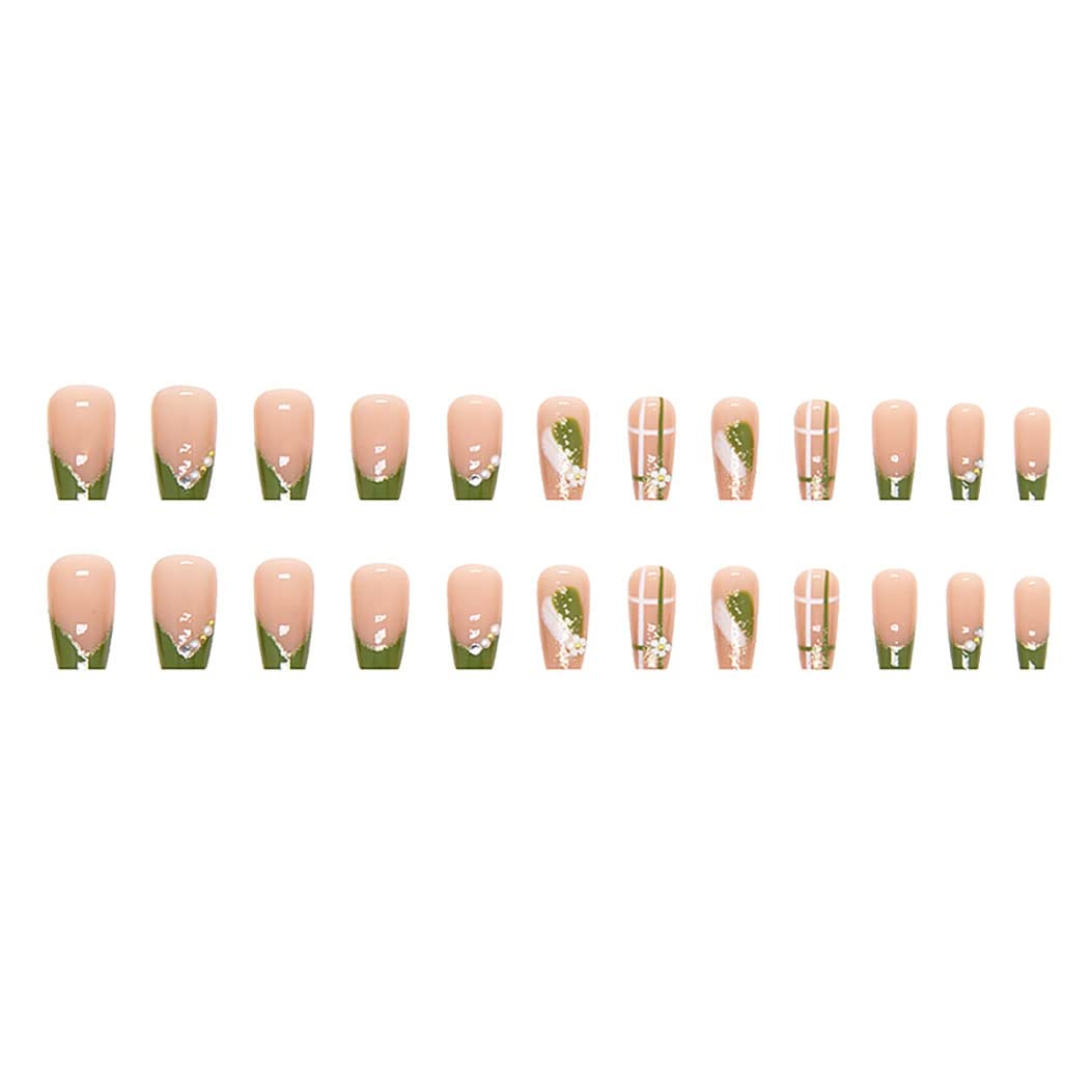 RikView French Tips Nails Medium Press on Nails Coffin Fake Nails Green Nails Glossy Full Cover Nails 24 PCS/Set