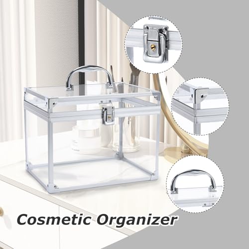 Crown Box, Clear Cosmetic Case, Acrylic Artists Display Case, Toiletry Train Case with Latches & Handle Large Capacity Acrylic Travel Makeup Tools Box for Vanity Dresser Bathroom Counter (Silver)