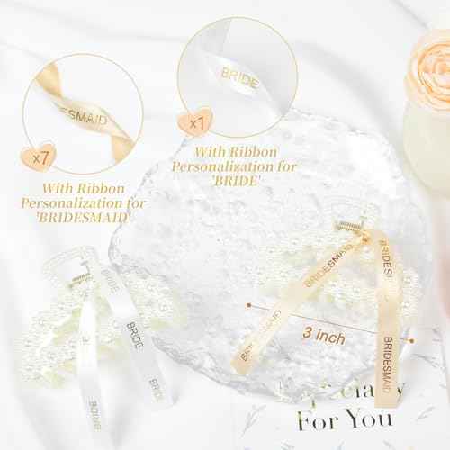 DEEKA Bridesmaid Proposal Gifts 8 Pack Pearl Bridesmaid Hair Claw Clips with Ribbon 3 Inch Hair Clips Bachelorette Party Favors Bridal Party Present Hair Accessories (Half Circle White&Champagne)