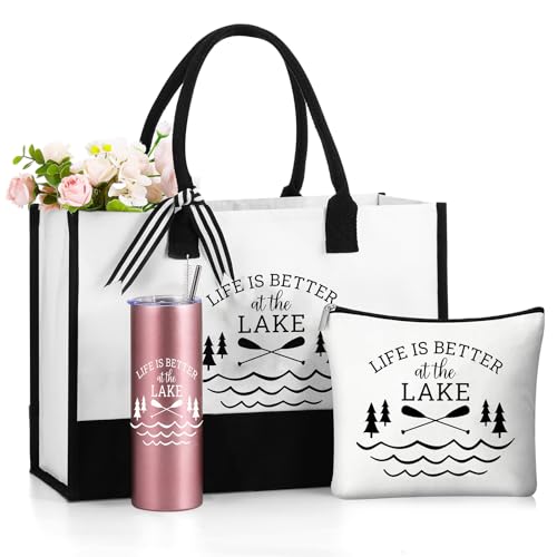 Sieral 3 Pcs Life Is Better at the Lake Gifts for Women 20 oz Tumbler with Text Stainless Steel Mug Cup for Trip Housewarming Gift