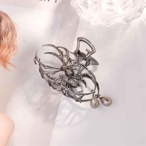 Halloween 3PCS Spider Hair Claw Clips Hair Accessories for Women Girls, Gothic Black Metal with Pearl Charms Large Medium Size Catch Clips for thick Hair Styling Tool Holiday Gifts(Black Gun)