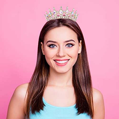 COCIDE Gold Crown for Women Aurora Borealis Crystal Tiara Bridal Hair Accessory