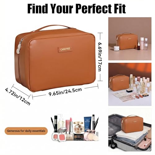 AUCCNT Brown Travel Makeup Bag - Large Capacity Waterproof Cosmetic Organizer