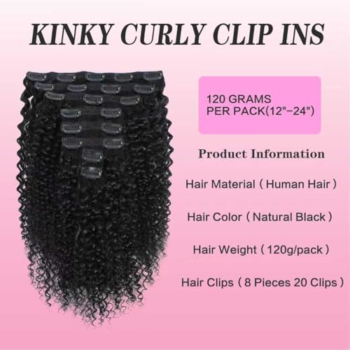 Kinky Curly Clip in Hair Extensions for Women 3C 4A Kinky Curly Clip ins 8pcs 120g/set 10A Brazilian Virgin Hair Extensions 20 Inch Natural Black