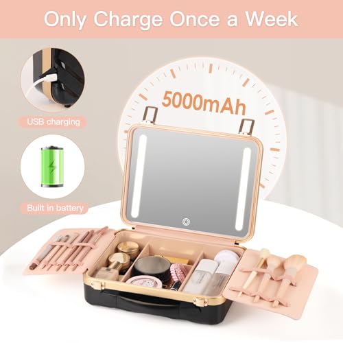 BEAUTY CASE Makeup Case with 4K LED Mirror, 12 Inch Shockproof ABS Hard Shell Cosmetic Organizer Bag, Portable Travel Vanity Box with Aluminum Frame, Snap Buckle, Gift for Women Girls, Black