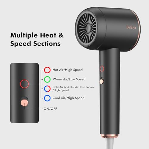 Black Professional Ionic Hair Dryer with Diffuser & Nozzle - Fast, Low Noise Styling