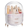 MASSY Egg Shape(Oval) Makeup Storage Box, Countertop Portable Vanity Cosmetics Organizer Preppy Style (Rhinestone White)