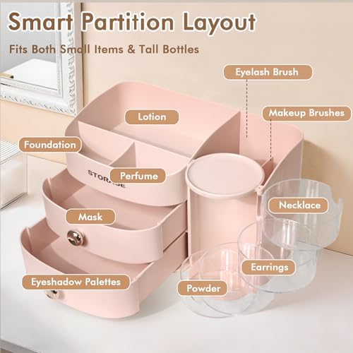 XIAPIA Compact Makeup Organizer with Drawers for Vanity & Skincare - Pink