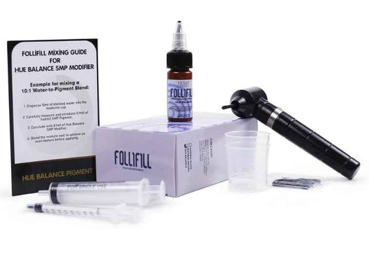 Nuva Follifill SMP Pigment & Cartridge Needle Kit – Deepest Scalp Micropigmentation Ink with Superior Retention, 15ml Bottle for 50+ Treatments, 20 Sterilized Needles, Mixer, Hue Balance