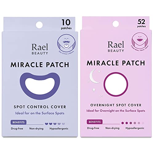 Rael Pimple Patches Extra Adhesive Bundle - Korean Skin Care, Hydrocolloid, Zit Acne Patches for Face/Miracle Overnight Spot Cover (52 Count) & Large Spot Control Cover (10 Count)
