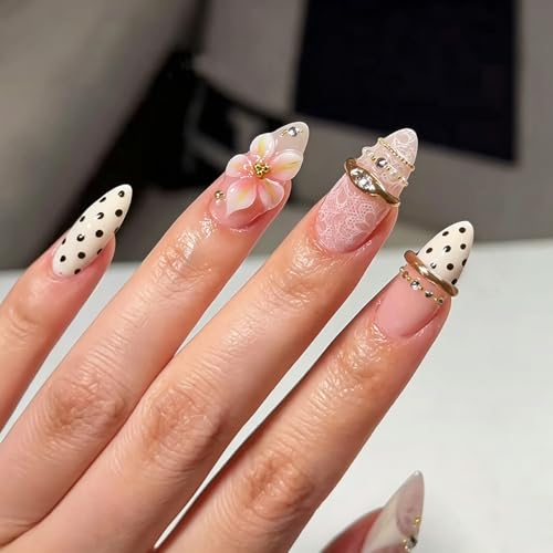 Medium Almond Press On Nails 24pc 3D Flower Fake Nails Kit
