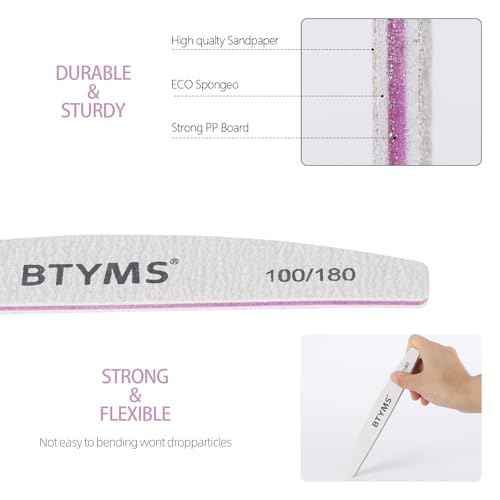 BTYMS 10Pcs 100/180 Grit Nail Files - Double-Sided Emery Boards for Acrylic, Gel & Natural Nails