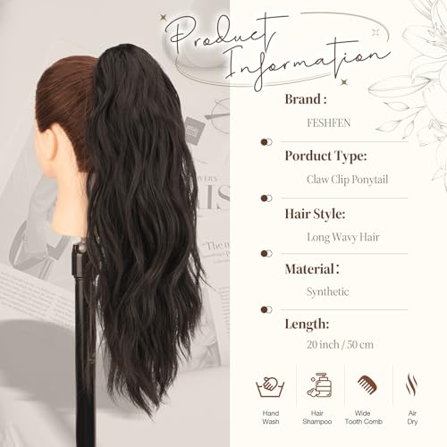 FESHFEN 20" Wavy Ponytail Extension Claw Clip Dark Brown