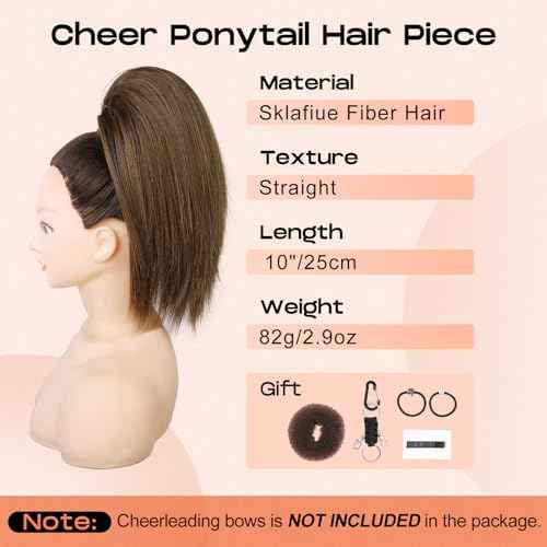 SEIKEA Cheer Ponytail Hair Piece, 10" Straight Tangle-Resistant Smooth Natural Cheerleader Hairpiece Ponytail Extension for Cheer Competition, Dance, Performance, Mocha Melt