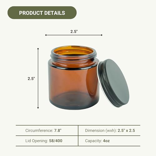 Glass Amber 4oz Jars with Black Lids - 12 Pack