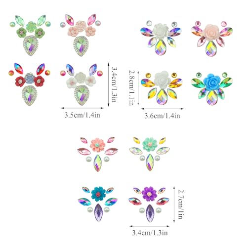 12Pcs Face Gems Stickers, Face Jewels with Diamond, Rhinestones Pearl Spring Flowers Forehead Sticker for Women Girls Decoration Festival Party Self-Adhesive DIY Body Art Decals