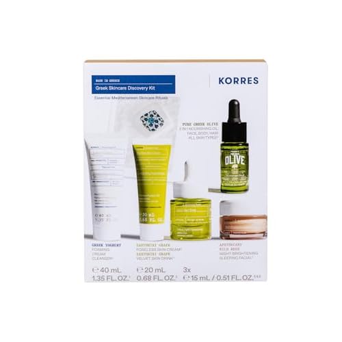 KORRES Greek Discovery Kit, 5-Step Ritual with Foaming Cleanser, Velvet Skin Drink, Poreless Skin Cream, Black Pine Eye Serum & Wild Rose Overnight Facial, Pre & Probiotic Superfoods, Travel Size Kit