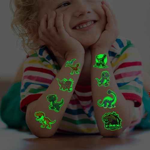 Glow in The Dark Dinosaur Temporary Tattoos for Kids - 74 Individually Sheets Luminous Dinosaur Tattoos for Boys Birthday Party Favors Goodie Bag Fillers