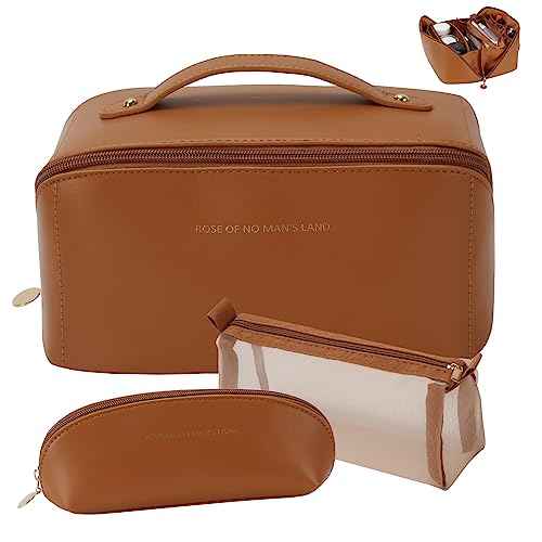 3 Pcs Travel Makeup Bag Portable Large Capacity Cosmetic Bags for Women Open Flat Makeup Case Organizer Bag Set of 3 Waterproof PU Leather Toiletry Bags with Divider and Handle (Brown, Medium)